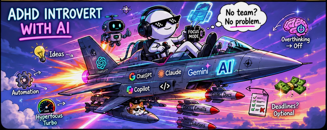 ADHD Introvert with AI — a lone operator piloting a fighter jet labeled ChatGPT, Claude, Gemini and Copilot, captioned 'No team? No problem.'